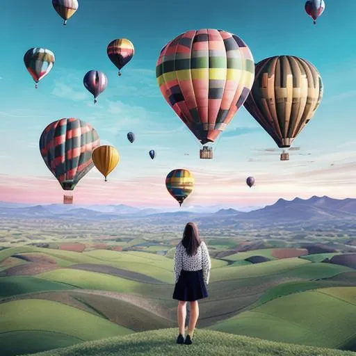 Prompt: woman, landscape, hot air balloon