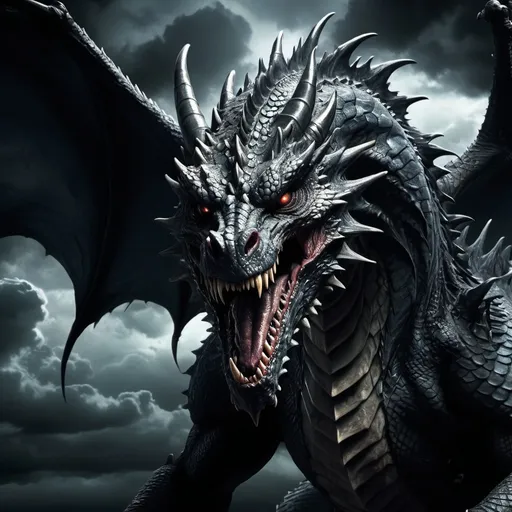 Prompt: Monstrous dragon, dark fantasy, horror, detailed scales, menacing gaze, eerie atmosphere, high quality, dark and ominous, horror style, sinister shadows, intense lighting, gothic, ominous clouds, intimidating presence, otherworldly, best quality, ultra-detailed, dark fantasy, horror, menacing, atmospheric lighting