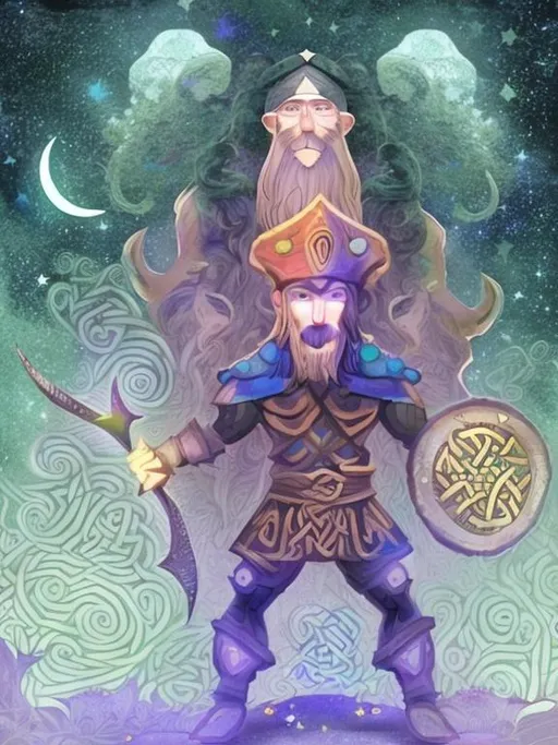 Prompt: Moon and stars behind. Celtic wizard and shroom warrior