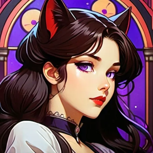 Prompt: fair skin tone, neon background, beautiful woman, innocent, hot, long dark brown hair, purple eyes, dark red lips, gothic, victorian,  vacant stare, cat ears, cat tail, dynamic pose, detailed facial features, dark lighting, 90s anime, 80s anime, anime screencap, cartoon, 2d art, romance novel cover, anime art style, castlevania anime, beserk anime,