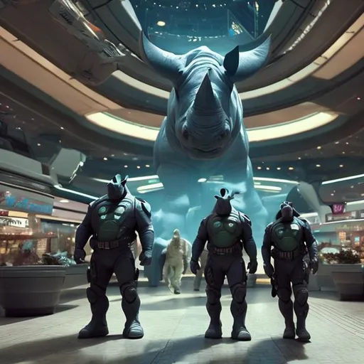 Prompt: rhino security guards in a busy alien mall, widescreen, infinity vanishing point, galaxy background, surprise easter egg