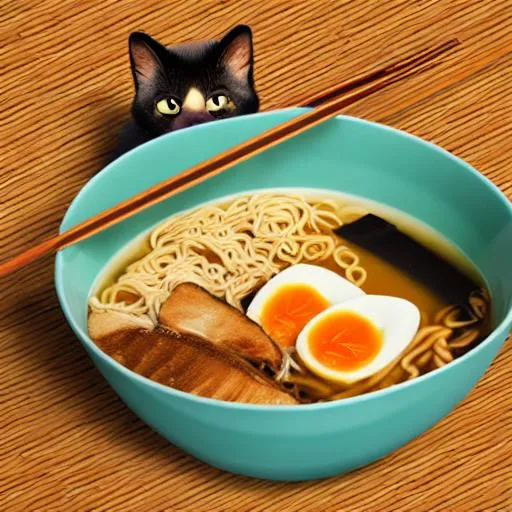 Prompt: cat eating ramen bowl filled with noodles detailed picture pastel retro style 4k