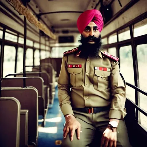 Prompt: Punjabi sikh bus conductor. Wearing khaki dress in a bus