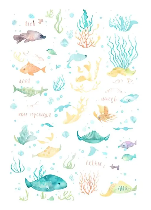 Under the sea themed graphics. Water color art; incl...