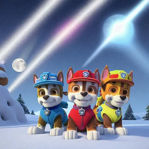 Prompt: image of paw patrol with in the snow, aliens and moon, beams of neon rays, ai render, smoke, stylized as clay