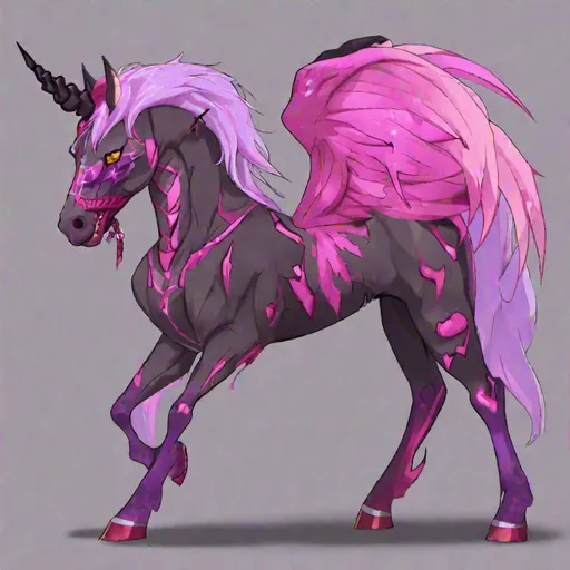 Prompt: Haley as a demon horse hybrid (pink and purple multi-color hair) (multi-color eyes)(she has horse ears) (demon tail), scars covering her body, wearing a crop top and shorts,
