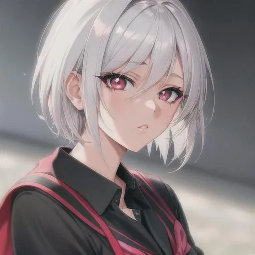 Prompt: 90s anime style, detailed, intricate face, portrait, detailed eyes, gentle tones, 90s tones, 90s era, 1girl, beautiful woman, short hair, {{white hair}}, red eyes, black pupil's, wearing school uniform