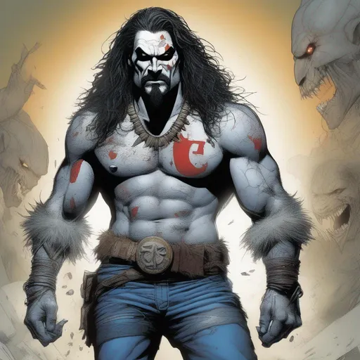 Prompt: Lobo portrayed by Jason Mamoa 
 illustrated in color  by Grant Morrison 