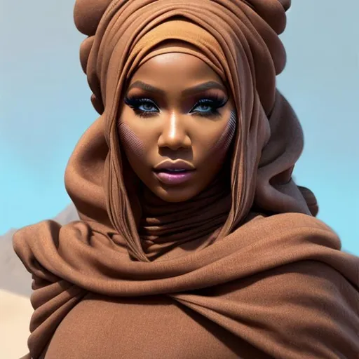 Prompt:  nicki minaj, detailed face, beautiful face, hijab, dune 2021, tusken raider, tan cape, tan poncho, head wrap gauze white