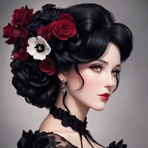 Prompt: Beautiful woman portrait wearing a black evening gown,  black hair, dark eyes, ruby jewelry,elaborate updo hairstyle adorned with flowers, facial closeup