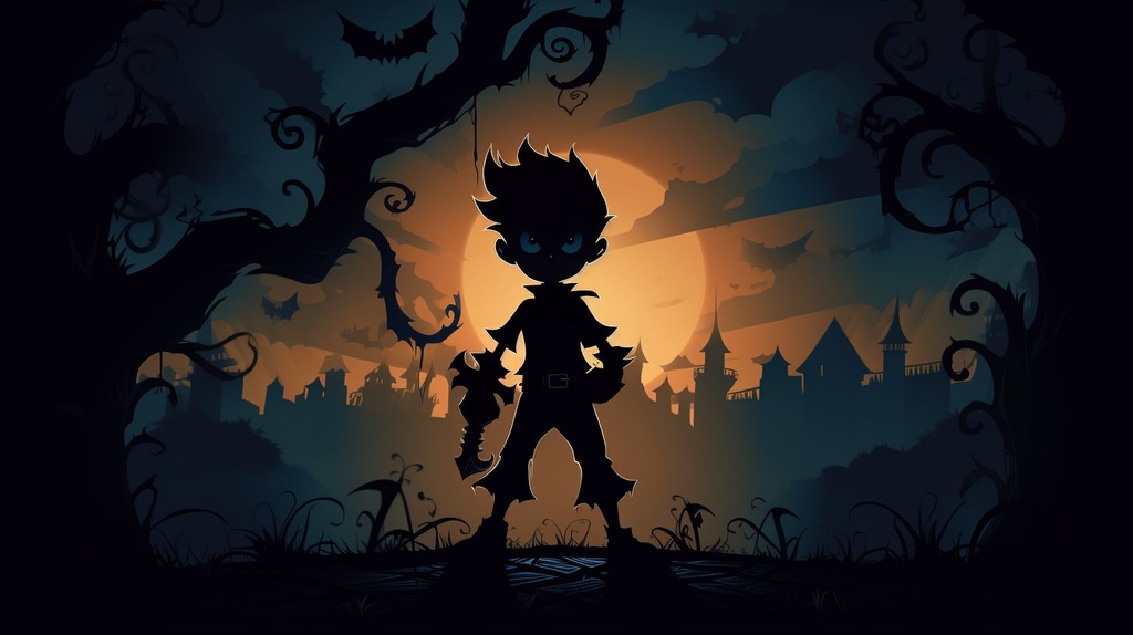 Prompt: vector shadow wonderboy with flashlight in shadowland looking for monsters