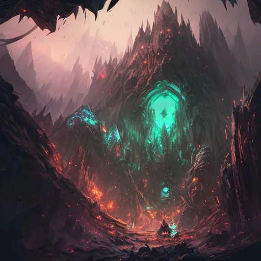 Prompt: extreme long shot concept art depicted eldrich mountain entrance fantasy, liminal space , huge mountains, mountain side tunnel, light fantasy, arcane punk, dark ambiance, art inspired by league of legends and arcane, style by jason engle and jordan grimmer, trending on artstation, unreal engine, golden ratio, spectacular composition