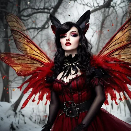 Prompt: fairy witch dressed in red and black, realistic professional photo, very detailed, 8K, golden frame