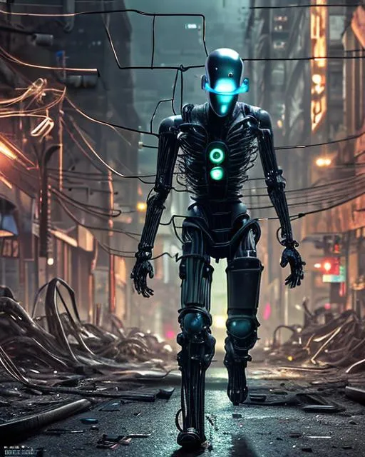 Prompt: A sinister android with glowing eyes and exposed wires stalks down a debris-strewn street. It's metal joints whir and clank with each step. ultra detailed, highly detailed scenario, photorealistic, intricate, masterpiece, UHD, HDR, symmetric, coherent, epic detail, stunning, beautiful, ,lumen render ,lumen path tracing ,path tracing light ,path tracing shadow ,path tracing special fx, 