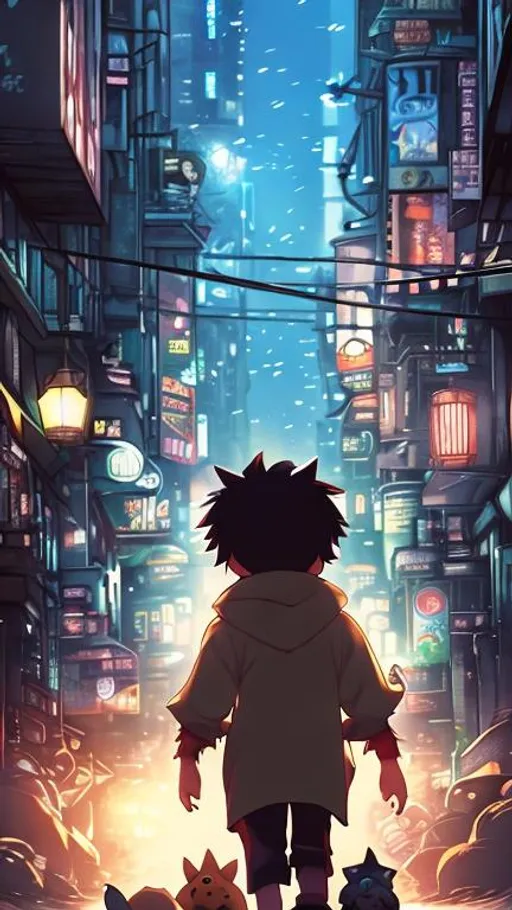 Prompt: An anime scene, little boy pet his giant monstrous dog while walking around the crime city, street light shine on the boy, comic, 4k, hd