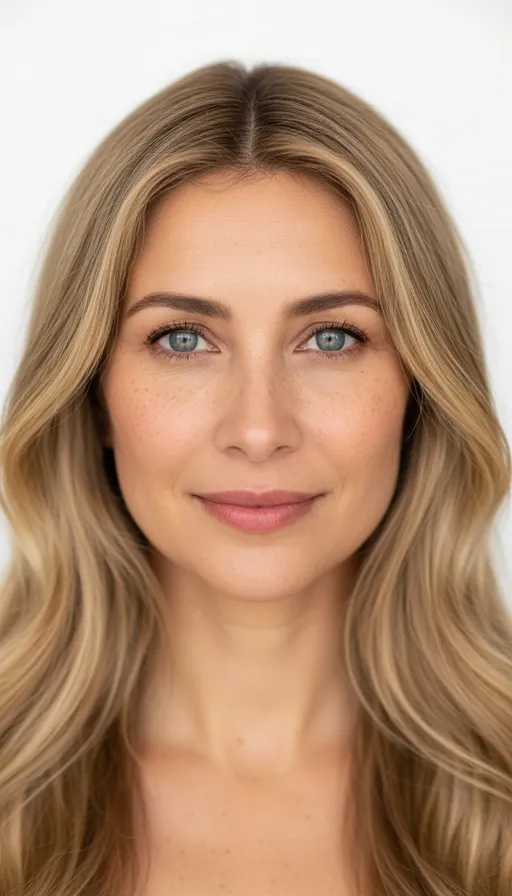 Prompt: High-resolution front-facing close-up of a 45-year-old female with olive skin tone, long wavy blonde hair, and calm blue eyes framed by subtle freckles. Captured with an 85mm lens and shallow depth of field for a cinematic softness. Even studio lighting brings out lifelike skin textures and realistic tones against a seamless white background, with a neutral to soft smile.
Negative prompt: cartoon, anime, illustration, beauty filter, airbrushed skin, low detail, heavy stylization, warped face, distorted proportions, extra limbs