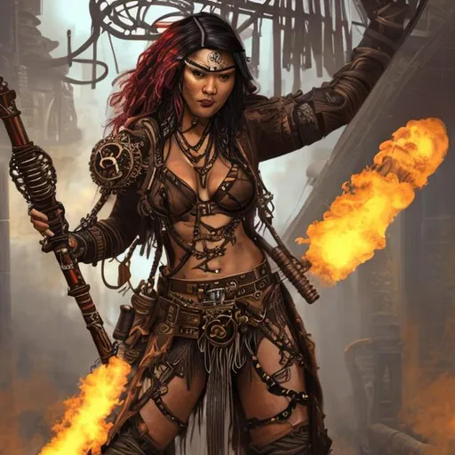 Prompt: Create a steampunk POLYNESIAN woman assassin holding nunchakus hijacking a red train