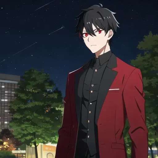Prompt: Damien (male, short black hair, red eyes) in the park at night
