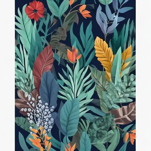 Prompt: Navy blue background, dark teal green leaves, multicolor flowers, Frida Kahlo Mexican style 