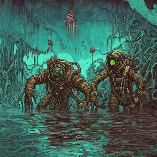 Prompt: swamp astronaut shipwreck horror monster fear colors