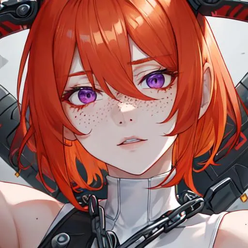 Prompt: Erikku male adult (short ginger hair, freckles, right eye blue left eye purple) UHD, 8K, Highly detailed, insane detail, best quality, high quality, holding a chain saw