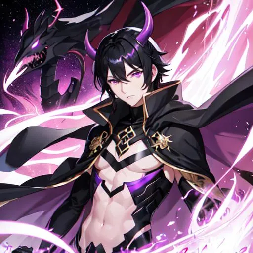 Prompt: Desmosin (male, black hair, purple eyes) wearing a cape, as a demon