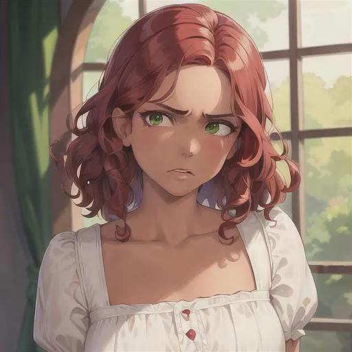 Prompt: (masterpiece, illustration, best quality:1.2), brown skin, angry face, detailed eyes, Victorian style, very short curly red hair, devilish like green eyes, wearing white nightgown, best quality face, best quality, best quality skin, best quality eyes, best quality lips, ultra-detailed eyes, ultra-detailed hair, ultra-detailed, illustration, colorful, soft glow, 1 girl