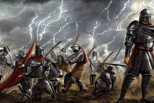 Prompt: a war, medieval, swords, armors, knights, angels in the sky, lightning, uhd uhr