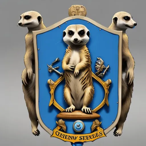Prompt: Coat of arms, meerkat supports,  shield blue with coins and eyes