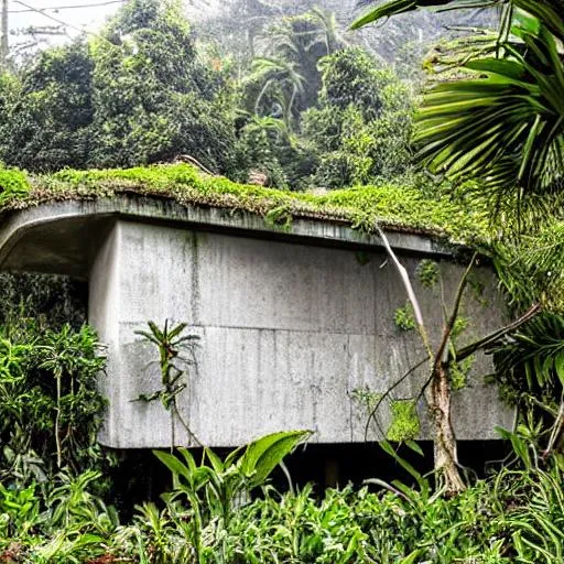 Prompt: overgrown concrete house with tropical plants under the rain