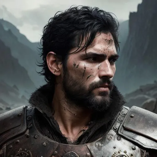 Prompt: Full body portrait of male warrior with black hair and with rugged face, arena, perfect composition, many scars, battered, beaten-up hyperrealistic, super detailed, 8k, high quality, trending art, trending on artstation, sharp focus, studio photo, intricate details, highly detailed, by greg rutkowski