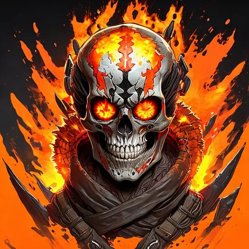 Prompt: a flaming skull, with trailing orange eyes in the style of Apex Legends