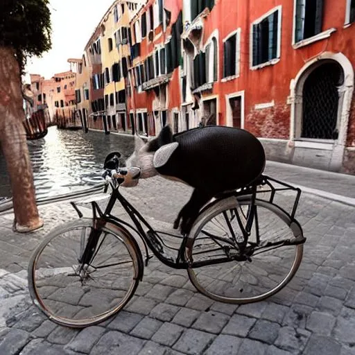 Prompt: Photo of a pig driving a bicycle, in Venice at night.