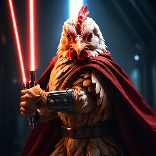 Prompt: (chicken wielding an lightning red lightsaber), dramatic cloak, high quality, digital illustration, (sci-fi fantasy), cool tones, intense lighting, epic atmosphere, dynamic action pose, intricate textures on the skin, vivid red glow from the lightsaber, cinematic feel, ultra-detailed elements, striking contrasts in lighting, environmental effects emphasizing sci-fi elements.