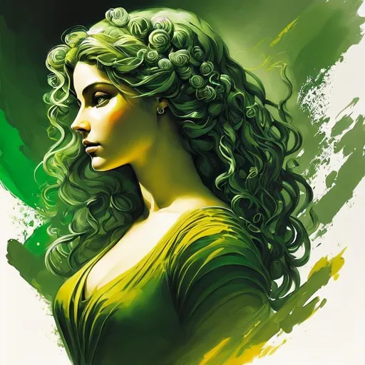 Prompt: full body of medusa, intricate, elegant, highly detailed, digital painting, art station, concept art, smooth, sharp focus, illustration, green skin, snakes for hair, Long shot, in the style of Andy Warhol