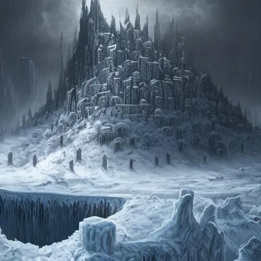 Prompt: A dark, icy citadel perched on a cliff within a frozen hell. The style is realistic and detailed oil painting.