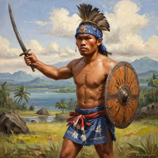 Prompt: filipino native fighter wearing a sarong and putong headgear. equipped with a wooden shield and kris sword. 