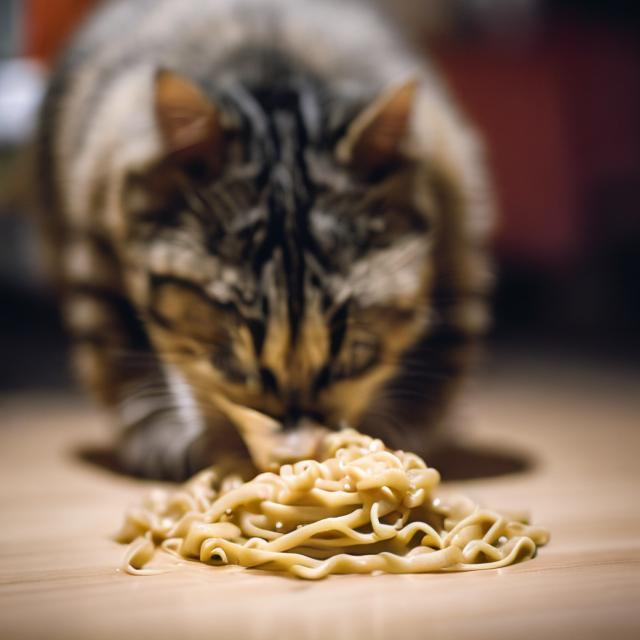 a cat eating noodles