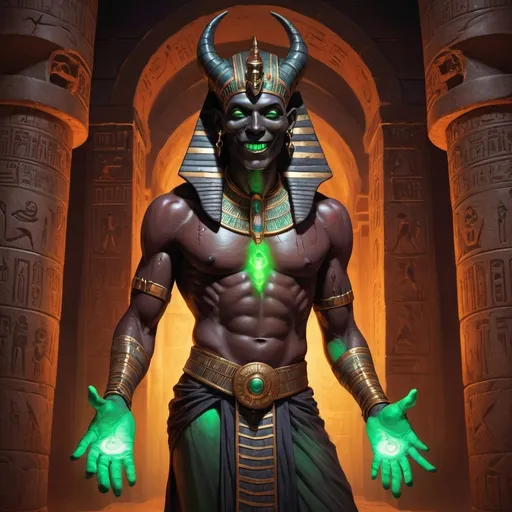 Prompt: Full body, Fantasy illustration of the male archdemon of witchcraft and forbidden knowledge, dark Grey skin, Egyptian mummy, green glowing eyes, uncanny smile, glorifying pose, blood stained, in a surreal eerie temple, vibrant colors