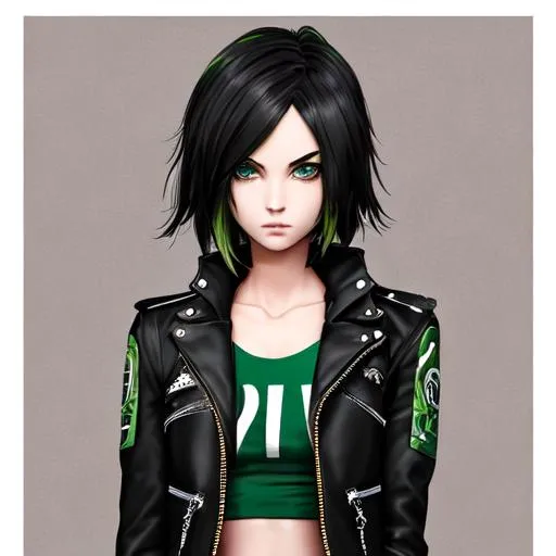 Prompt: An insanely beautiful girl around 21 years old. punk clothes. perfect anatomy, symmetrically perfect face. perfect grey eyes. beautiful short black wavy hair with green streaks. no extra limbs or hands or fingers or legs or arms.