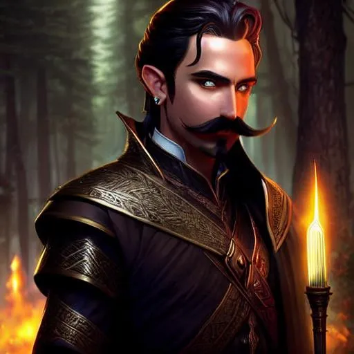 Prompt: Full body, highres, Elf male with black hair and mustache, Purple eyes