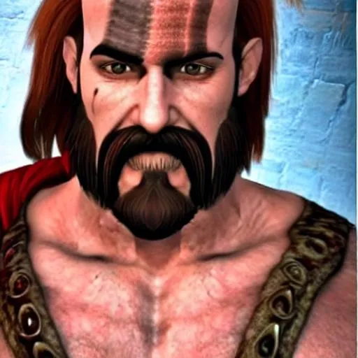 Prompt: kratos with a mustashe and hair
