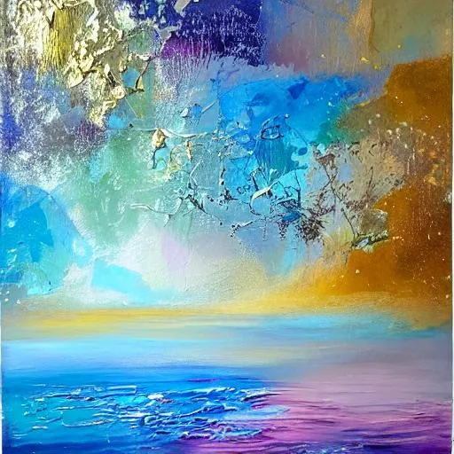 Prompt: Acrylic and Oil Paints, Soft Colors, Muted Tones, Peaceful, Awe-Inspiring Dream-like, Otherworldly, Reflective Elements, Shimmering, Holographic, Ethereal Reflections, Surreal Landscapes, Mystical Creatures, Abstract Patterns, Wonder, sgraffito Layers, Silver Leaf, Metallic Paint, Palette Knife, Depth, Movement, Transcendence