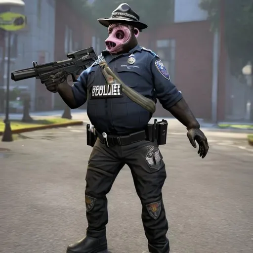 Prompt: A zombfiede humanoid pig-police officer in full uniform.