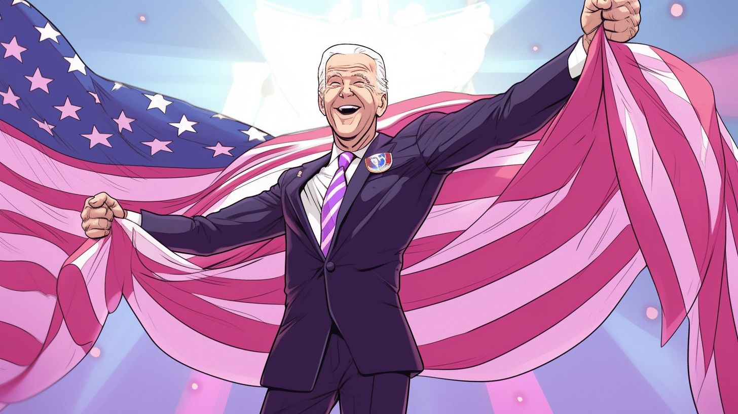 Prompt: Joe Biden drawn in the style of a tall lanky anime character with long legs and a very thin torso, transforming into a magical girl like sailor moon, infront of a large American flag, --niji 5 --style expressive --ar 9:16