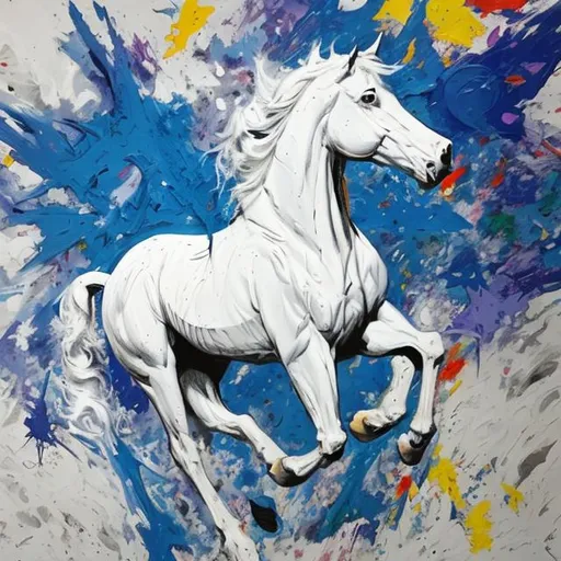 Prompt: A comic book a white horse coming down from heaven,  abstract paint, abstract representation, 