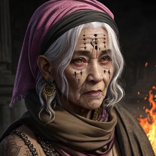 Prompt: ((best quality)), ((masterpiece)), ((realistic)), ((theyeboy)), (detailed) A mystic old woman with a magical sword,shawl, facial piercings, bloody,beading, scarf, headband, hell, devil, rugged, short curly hair, age spots, wrinkled skin, senior citizen, fire, ancient, hellscape, weathered, dystopian, lots of jewelry,high resolution scan, masterpiece, hyperrealism, delicate detailed complex, highly detailed, intricate detailed, volumetric lighting, light reflection, highly detailed concept art, trending on artstation, vivid colors, melancholic, dark, horror