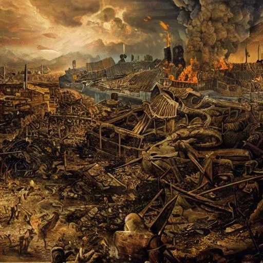 Prompt: the destroyed kingdom, around by battlefield, fire on the wall, battlefield, Detailed and realistic image, 