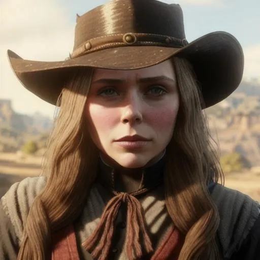 Prompt: Portrait of elizabeth olsen as a character in red dead redemption 2, long hair