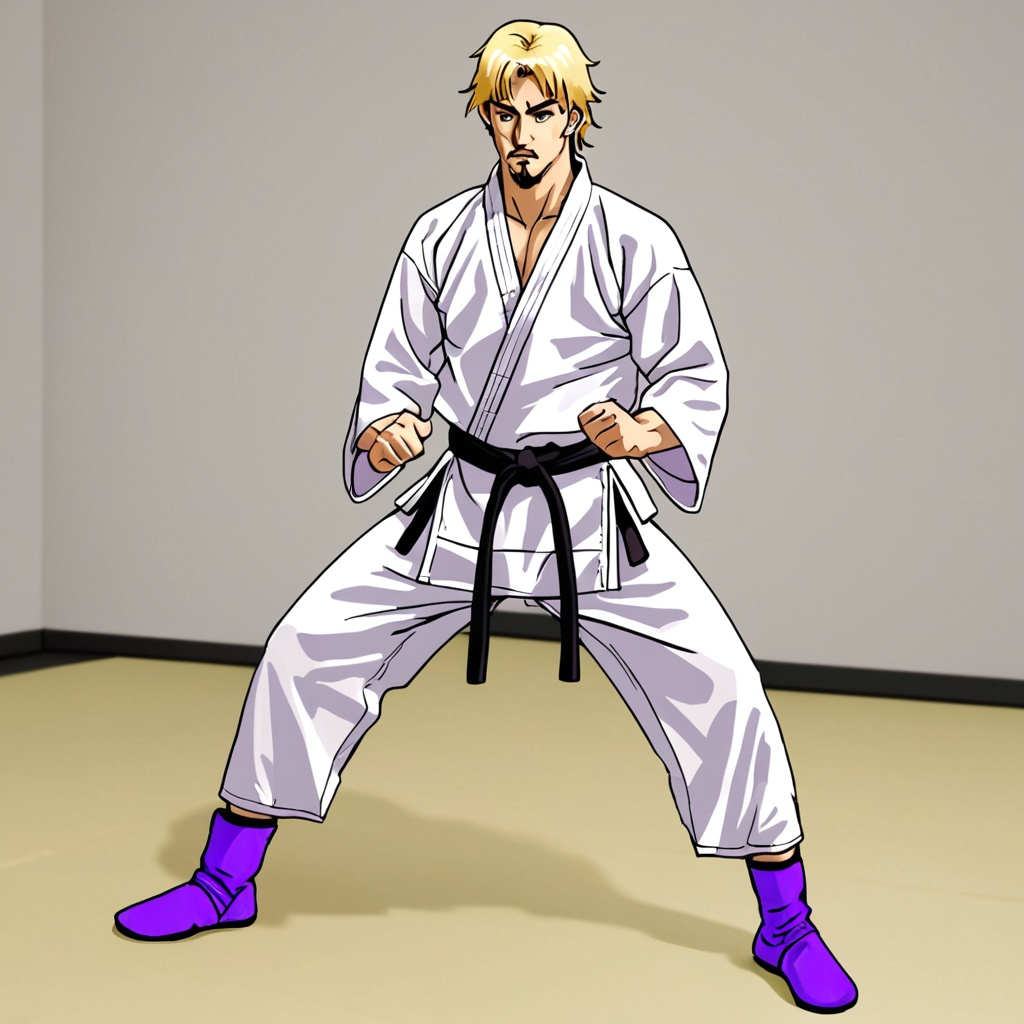 Karate Spring Boot A karate teacher, male, purple boots, blond hair.